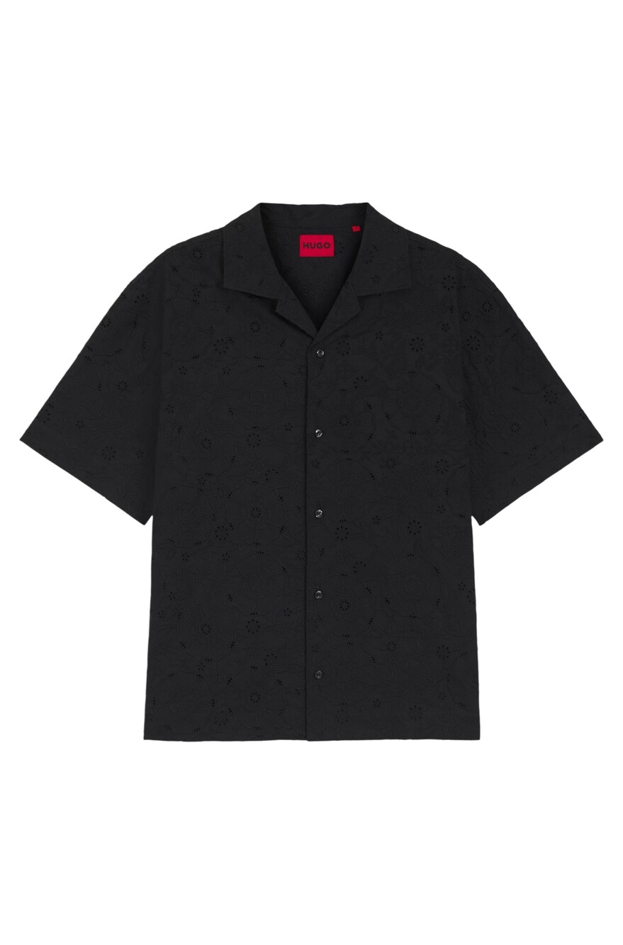 Hugo Boss Shirt Mens 2XL Black Espino Oversized Cotton Lace Floral Short Sleeve